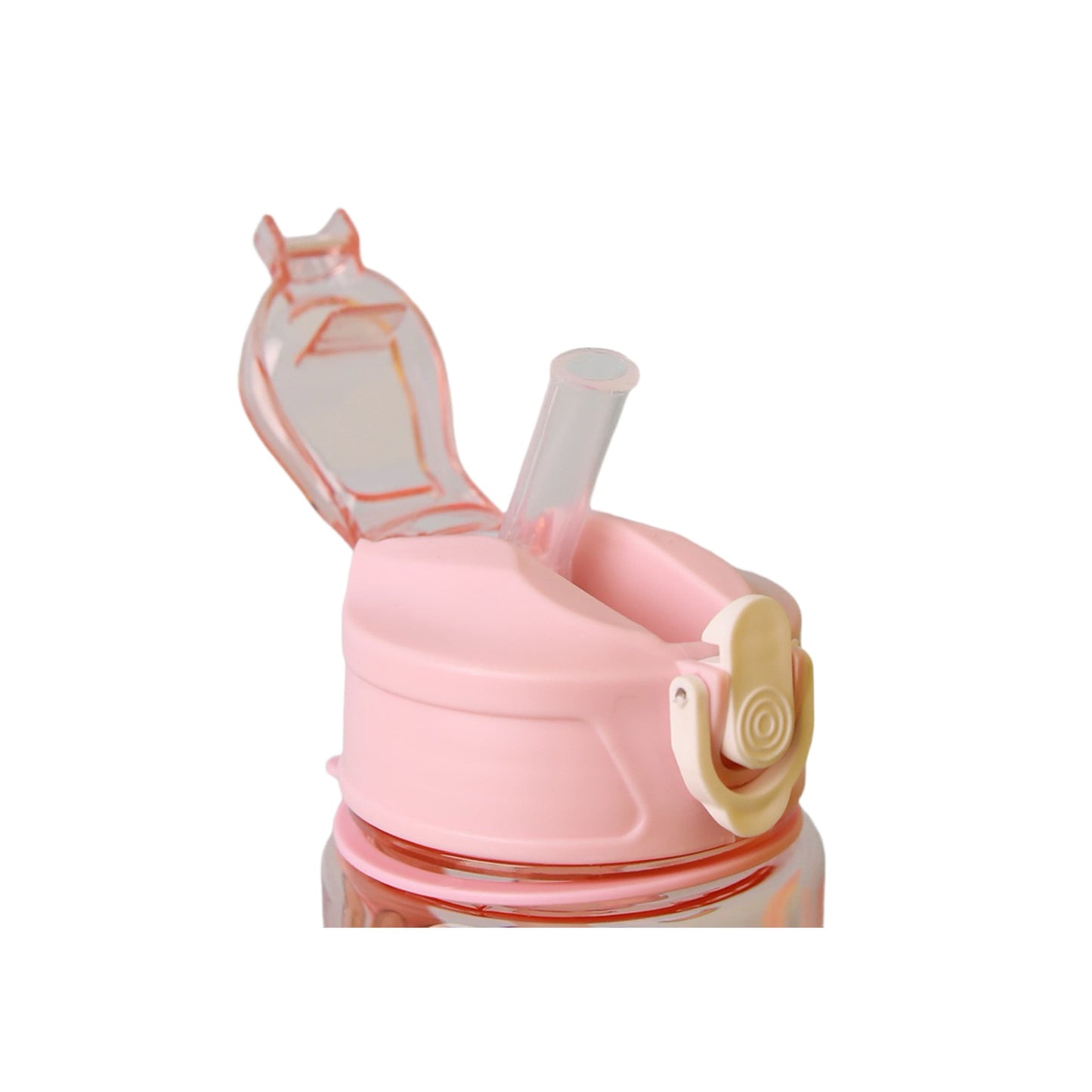 Close-up of LABUBU pink water bottle flip-top lid with built-in straw, leak-proof design for kids and outdoor sports hydration