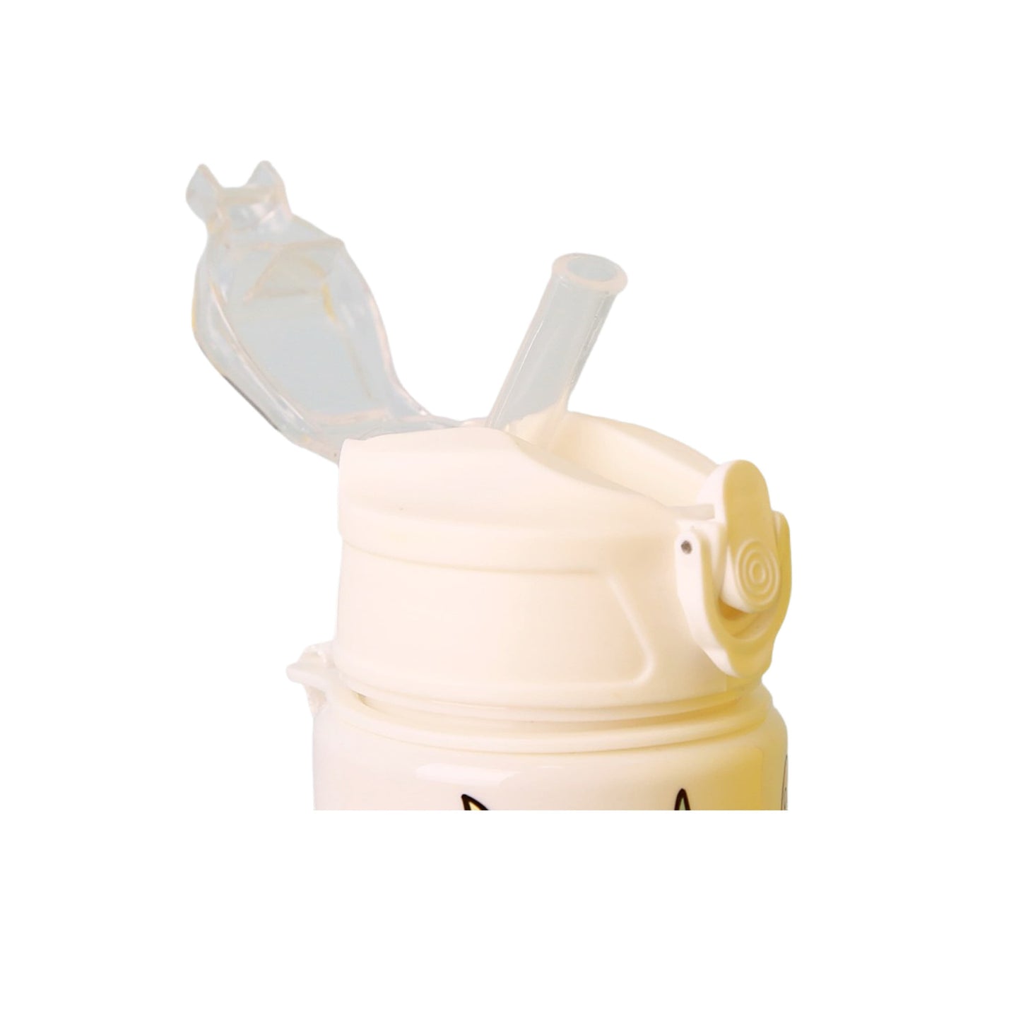 Close-up of LABUBU white water bottle flip-top lid with clear straw, leak-proof design for easy drinking, BPA-free reusable sports drink bottle
