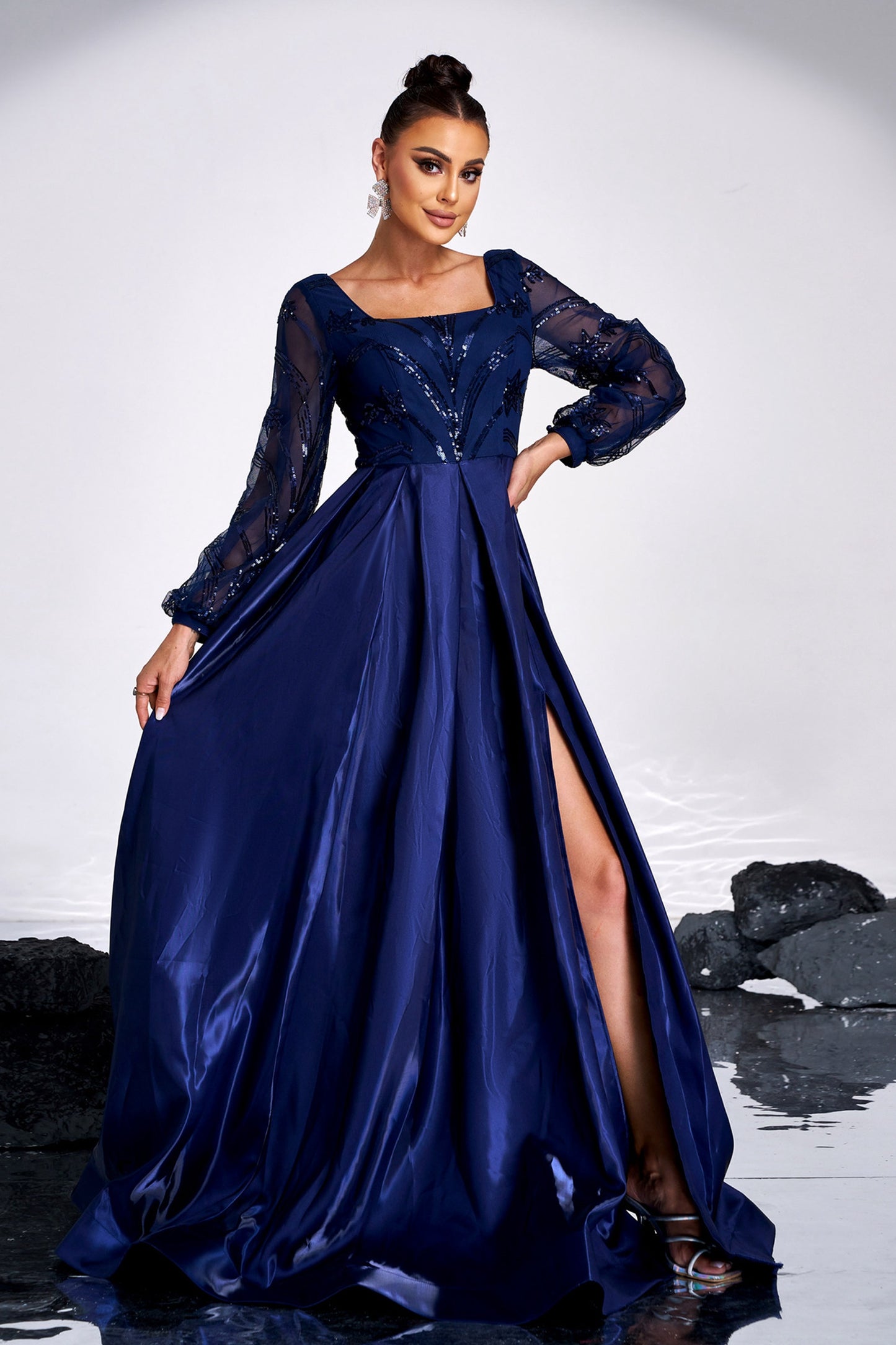 Sequin Detail Long Evening Dress