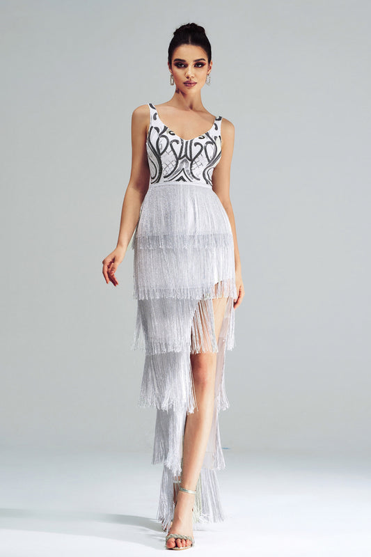 White V-neck Fringed Split Party Dress