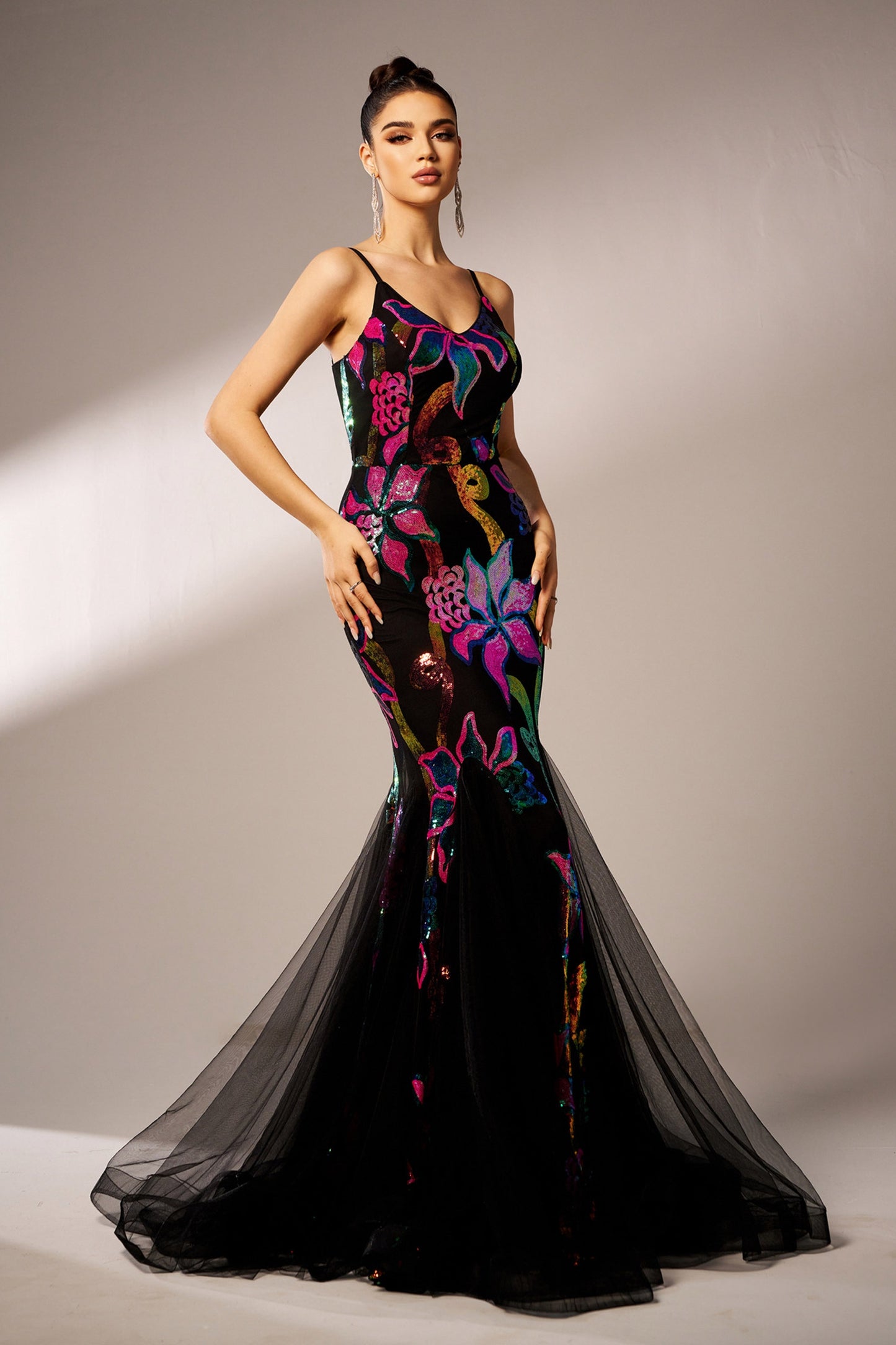 Sexy Spaghetti Strap Multicolor Mesh A-line Formal Dress