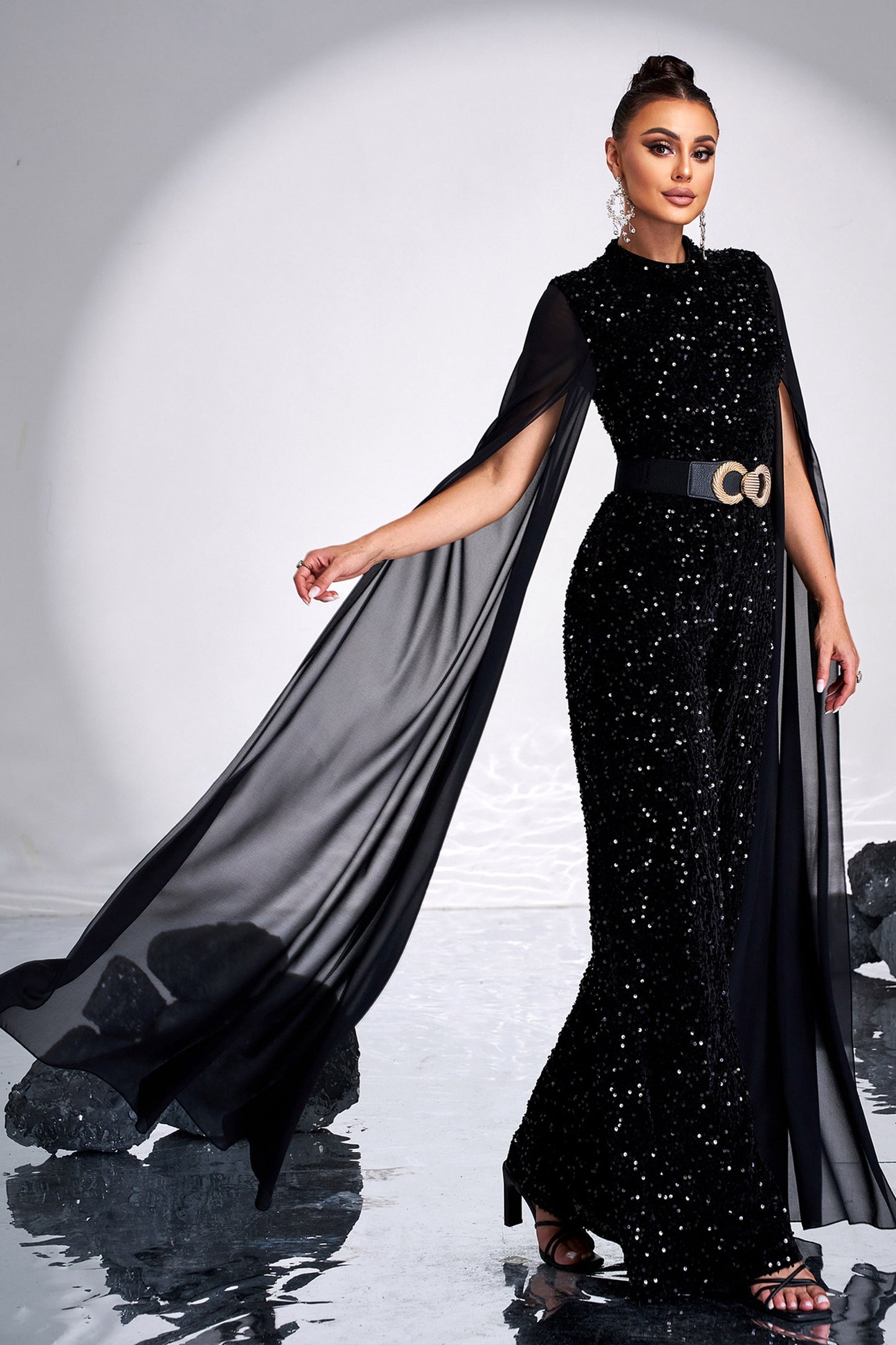 Long Sleeved Round Neck Sequined Party Jumpsuit Evening Gown