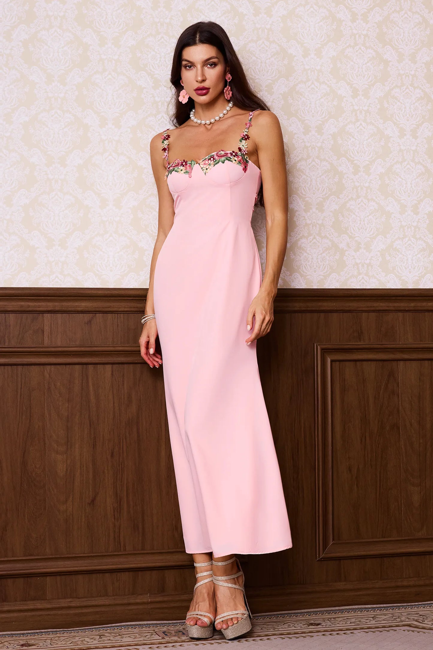 Esne Flower Halter Maxi Dress - Pink