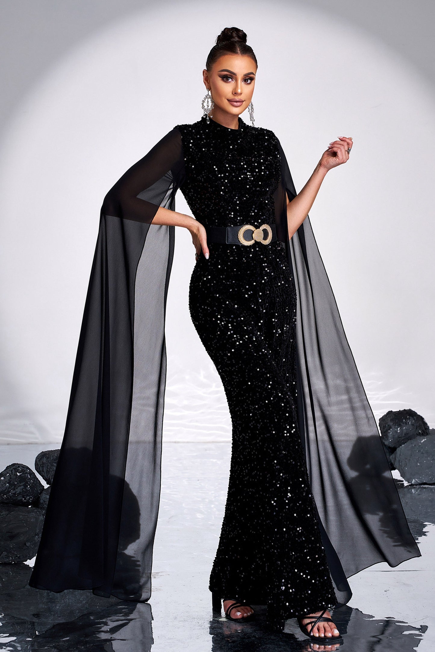 Long Sleeved Round Neck Sequined Party Jumpsuit Evening Gown