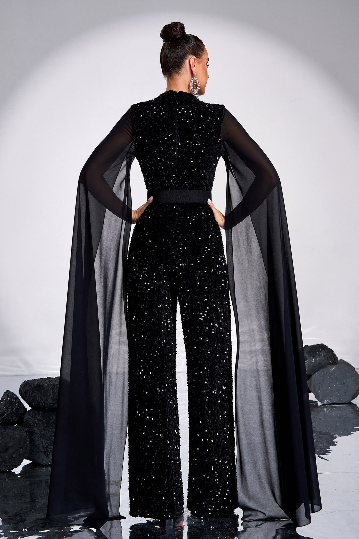 Long Sleeved Round Neck Sequined Party Jumpsuit Evening Gown
