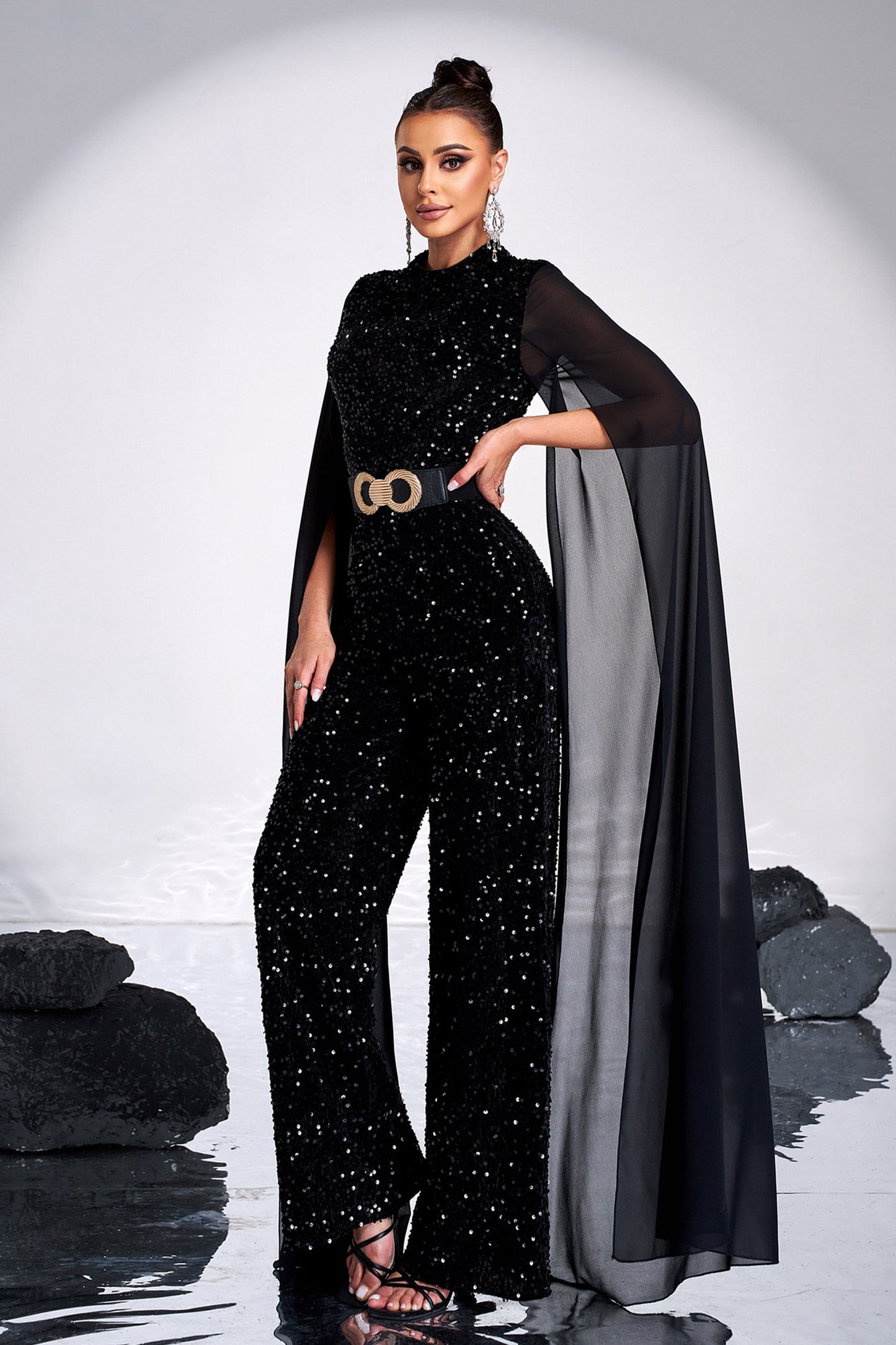 Long Sleeved Round Neck Sequined Party Jumpsuit Evening Gown