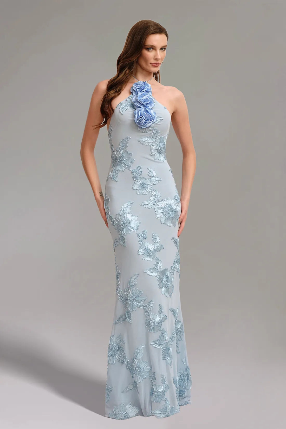 Griselda Flower Halter Embroidery Maxi Dress - Blue