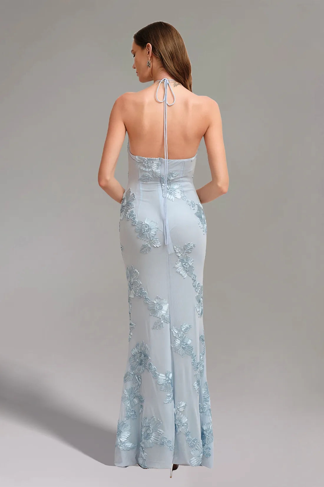 Griselda Flower Halter Embroidery Maxi Dress - Blue