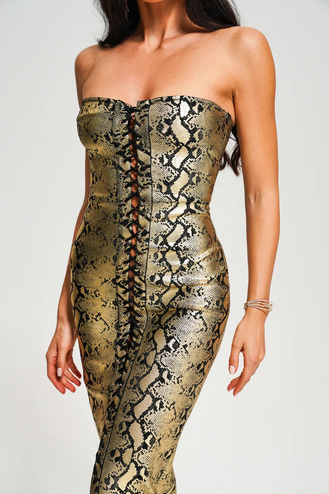 Riley Strapless Metallic Maxi Bandage Dress