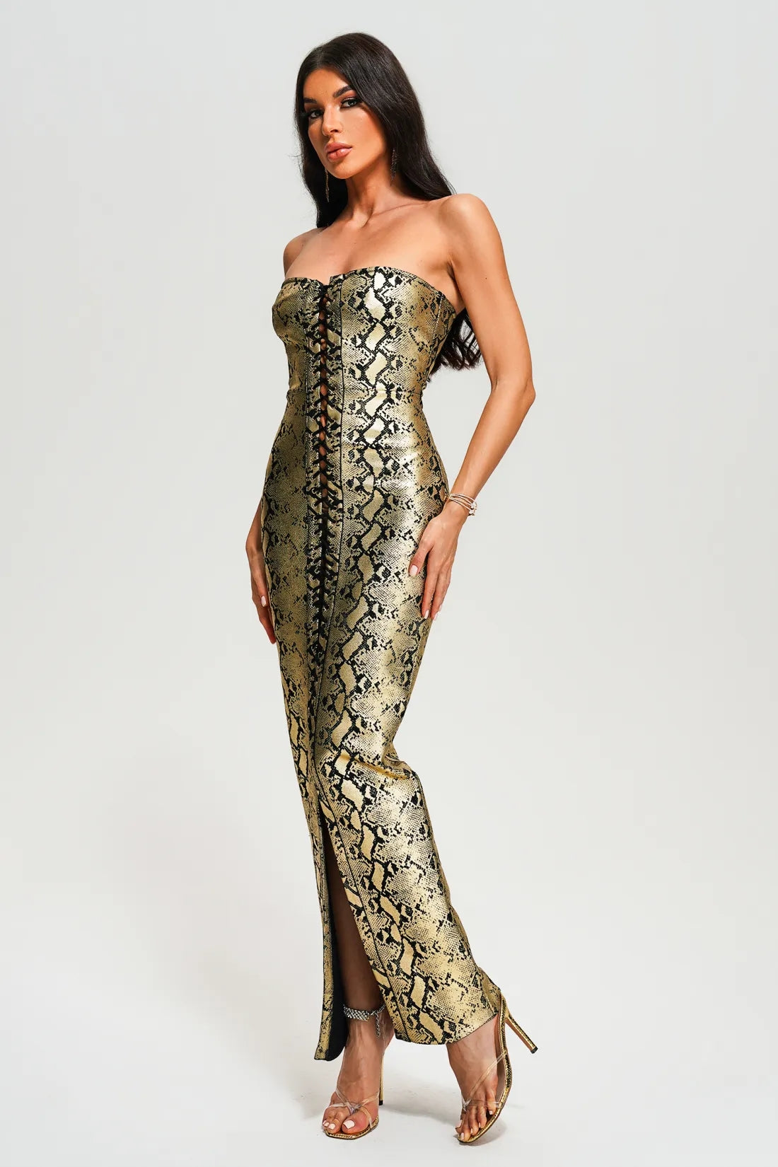 Riley Strapless Metallic Maxi Bandage Dress