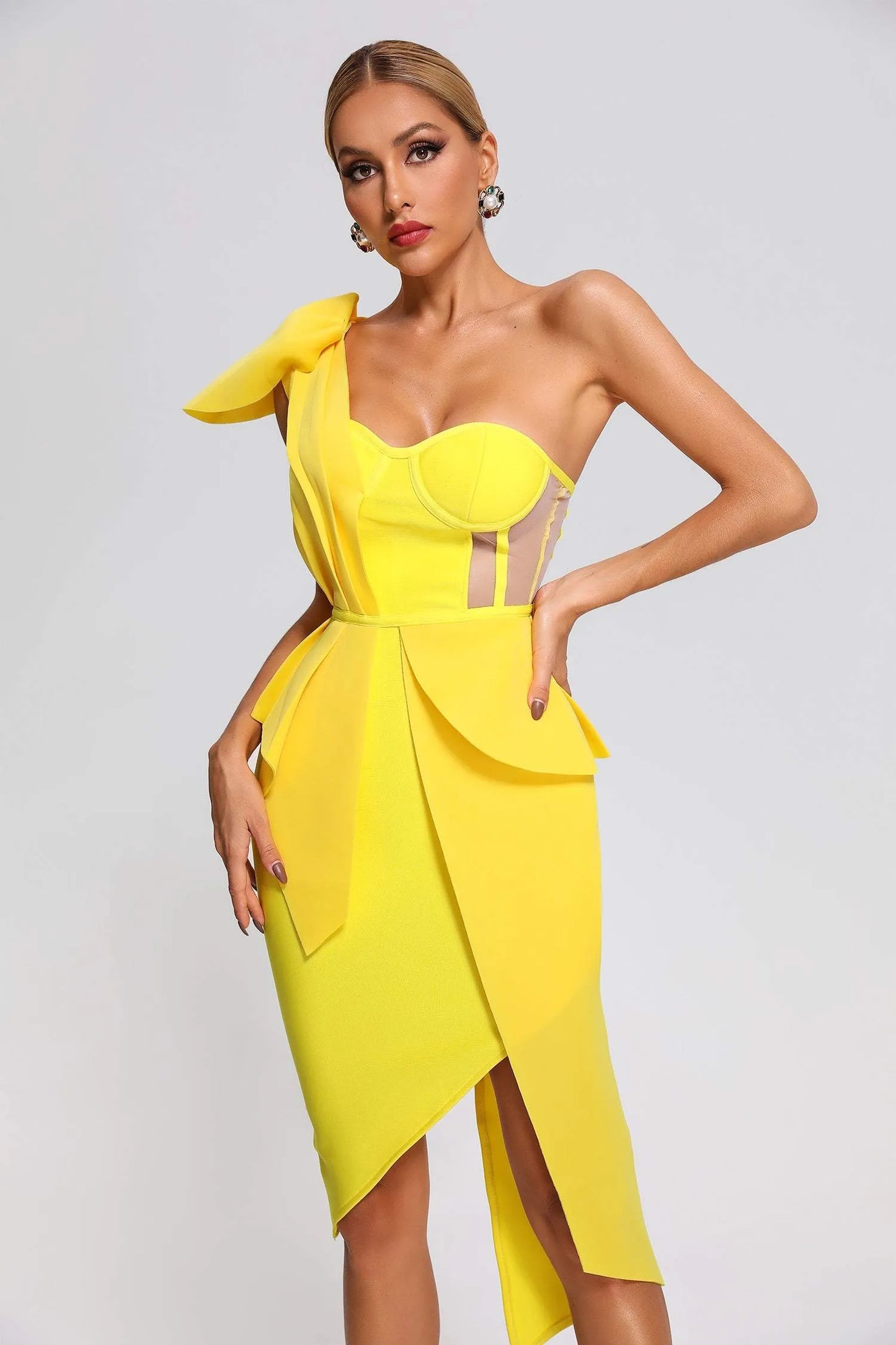 Spak One Shoulder Midi Dress-Yellow