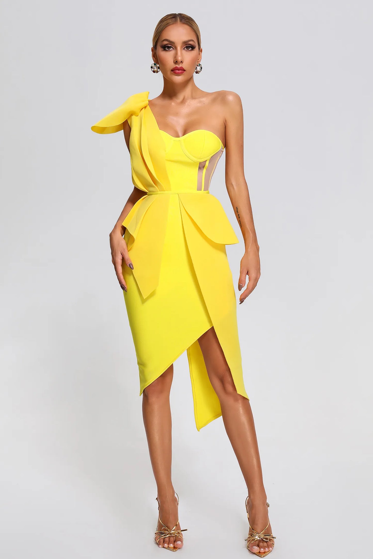 Spak One Shoulder Midi Dress-Yellow