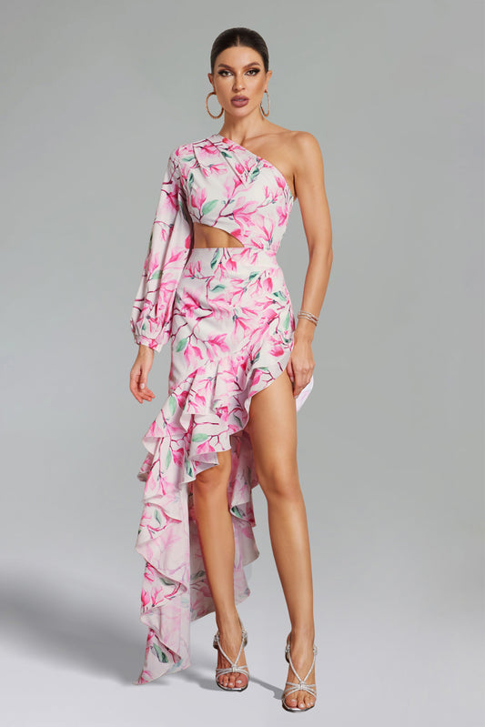 Raee Flower Print One Shoulder Asymmetrical Dress - Pink