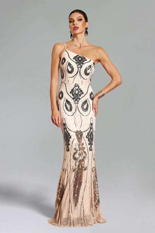 Octavia One Shoulder Sequins Maxi Dress - Golden