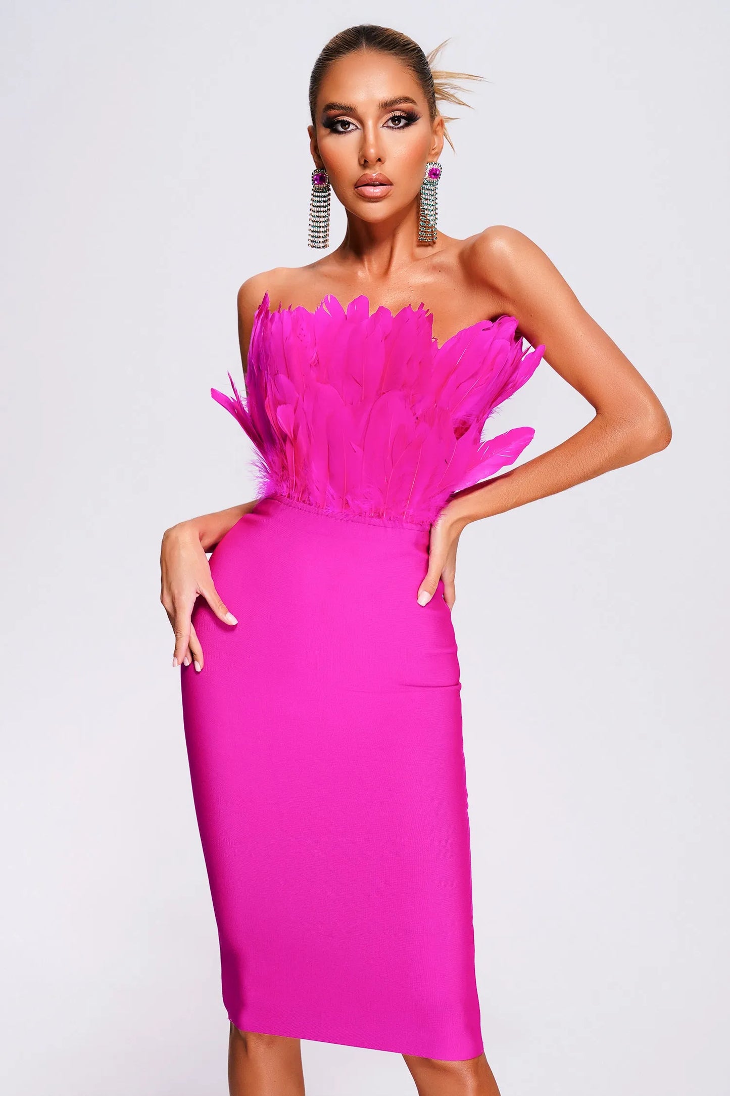 Parry Feather Strapless Midi Bandage Dress