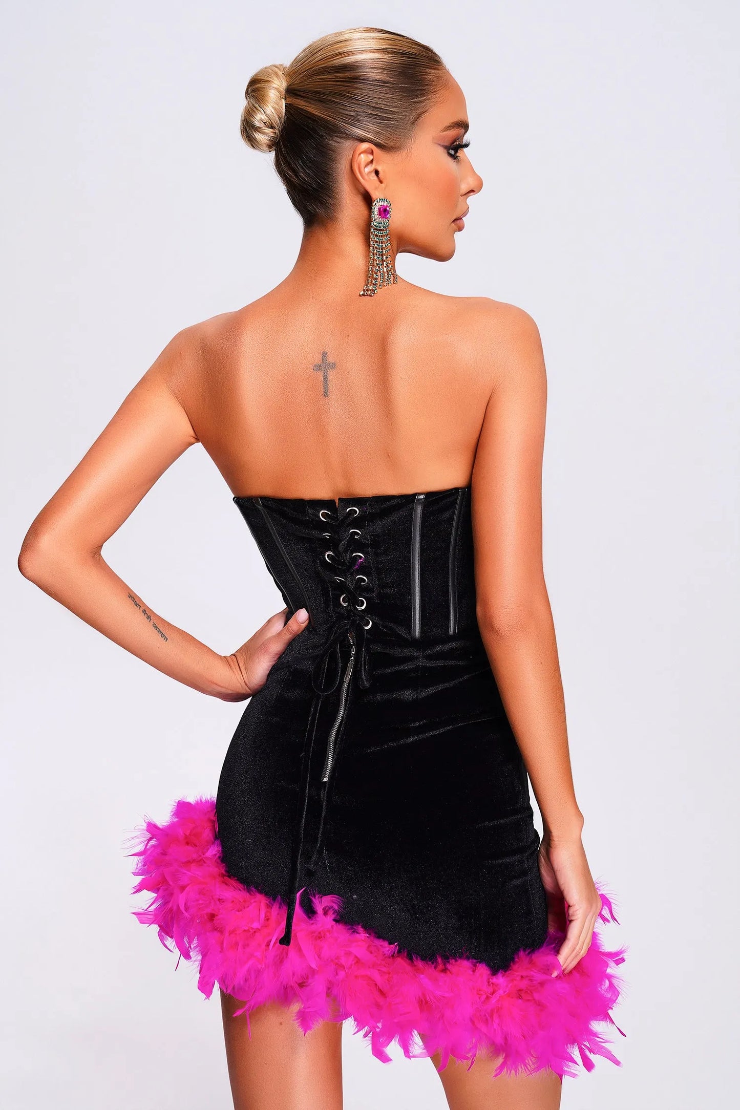 Krome Feather Strapless Velvet Mini Dress