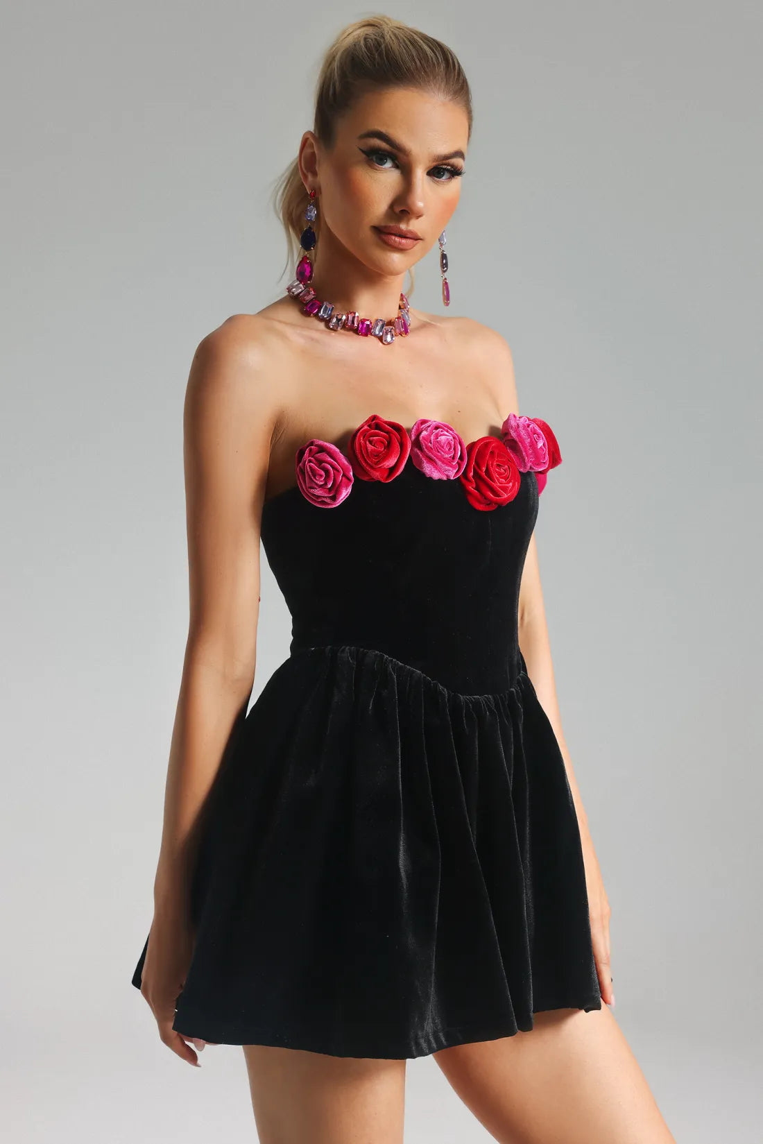 Finise Flowers Velvet Mini Dress