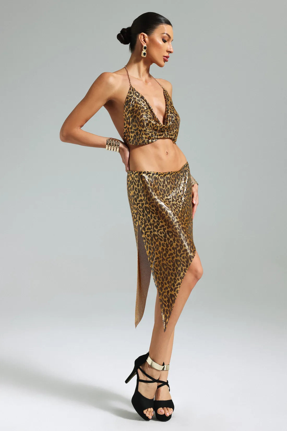 Mauris Leopard Metal Halter Skirt Set