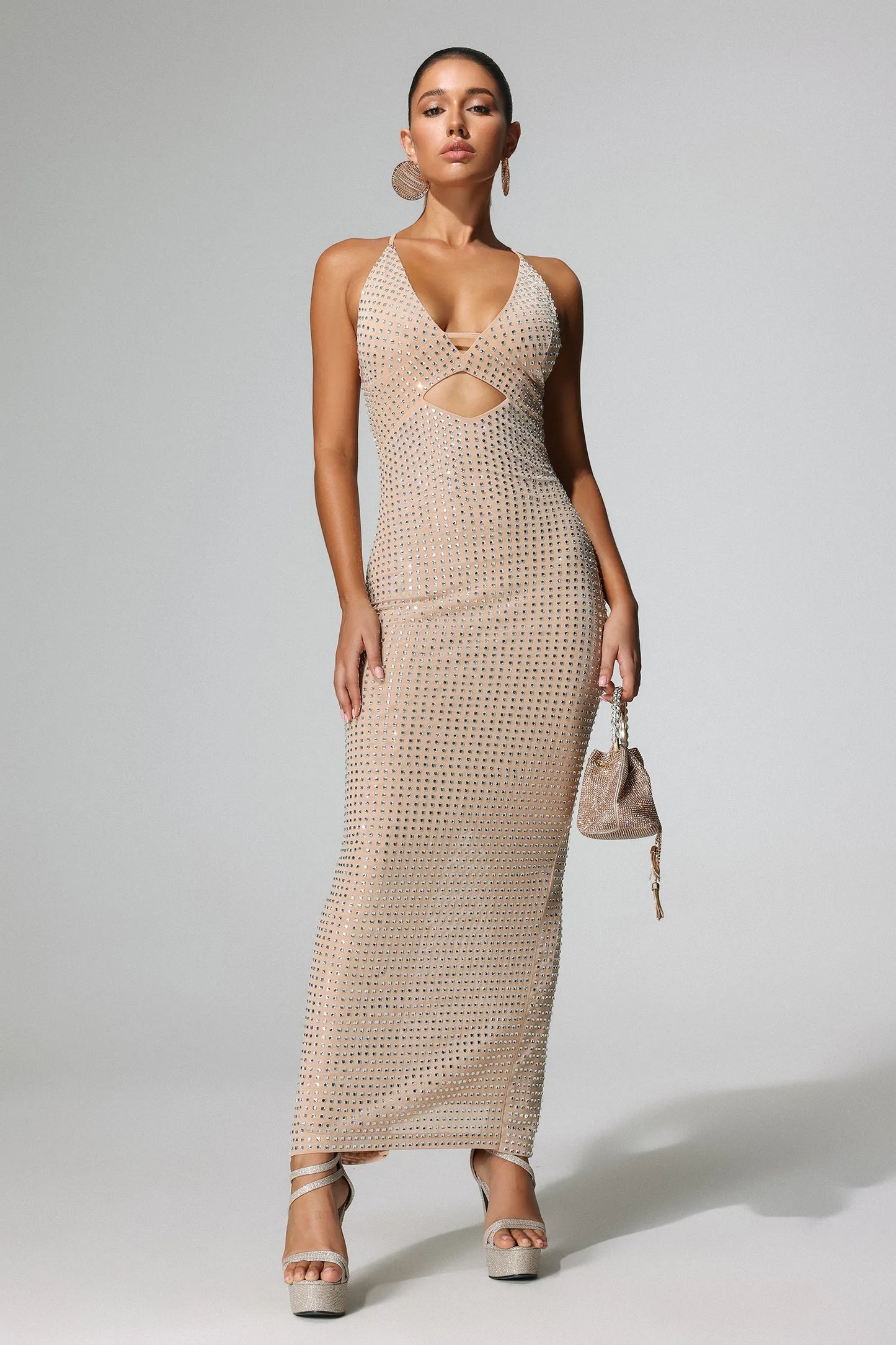 Yetta Diamante Sleeveless Midi Mesh Dress - Beige