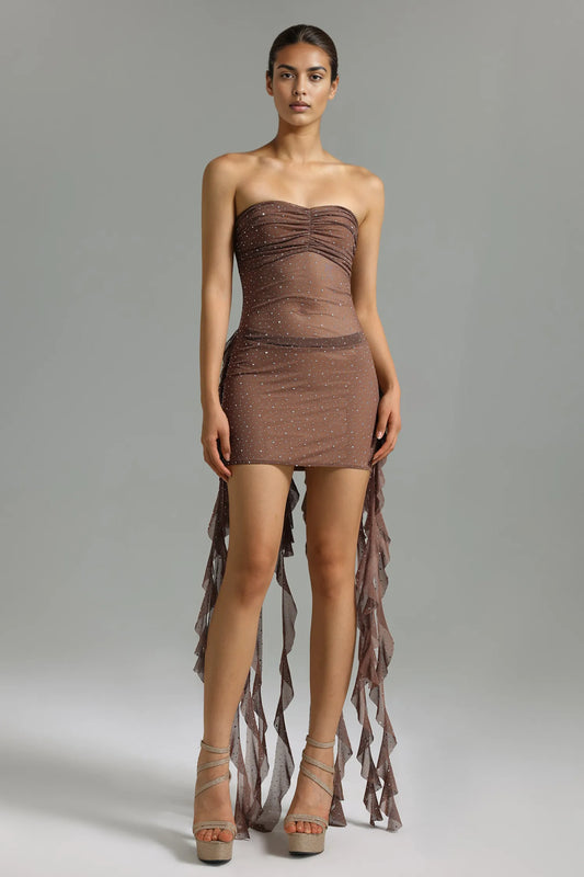 Kylli Rhinestons Ruffled Mesh Mini Dress