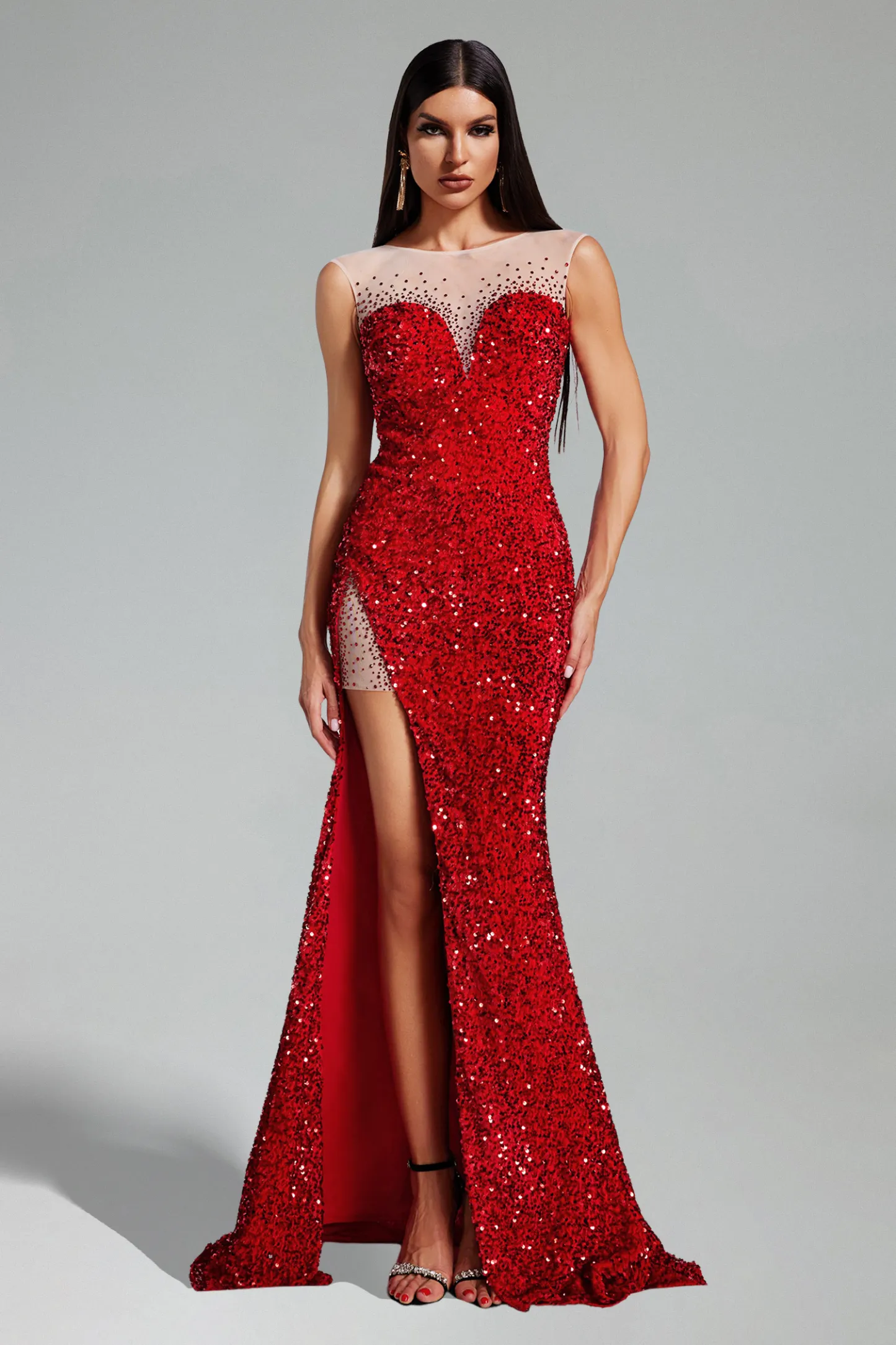 Page Sequins High Slit Maxi Dress - Red