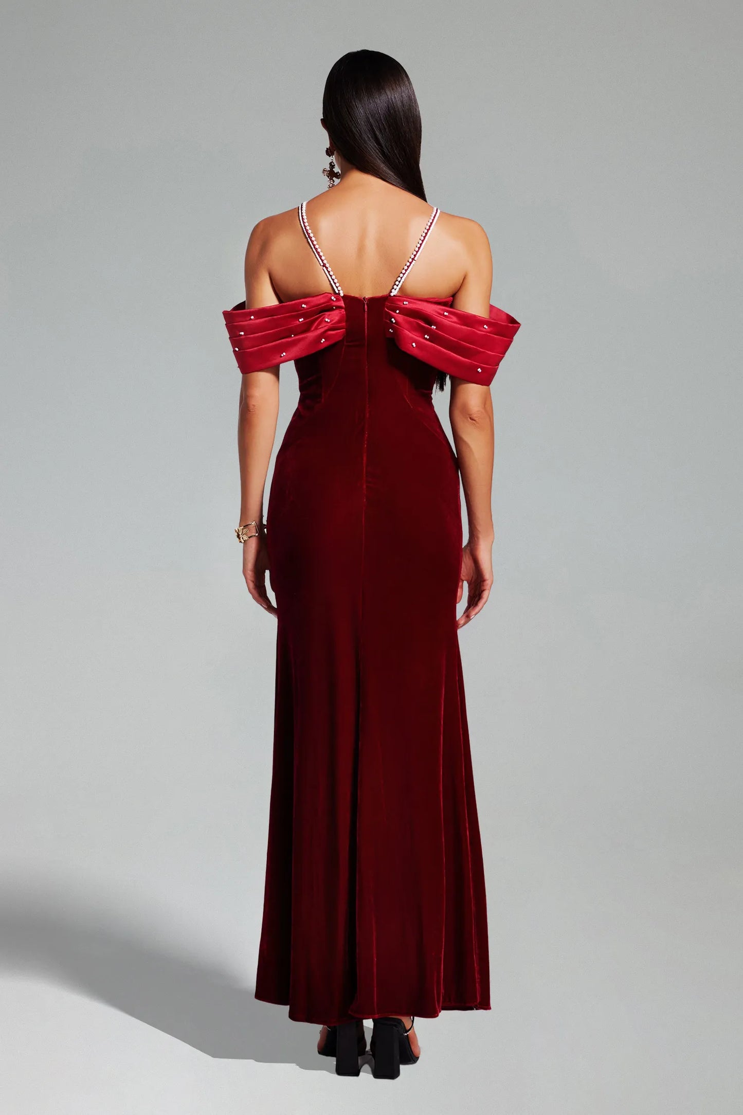 Tove Off Shoulder Velvet Maxi Dress - Red