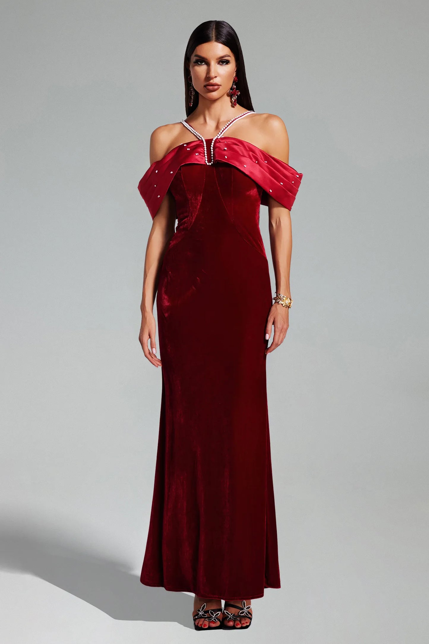 Tove Off Shoulder Velvet Maxi Dress - Red