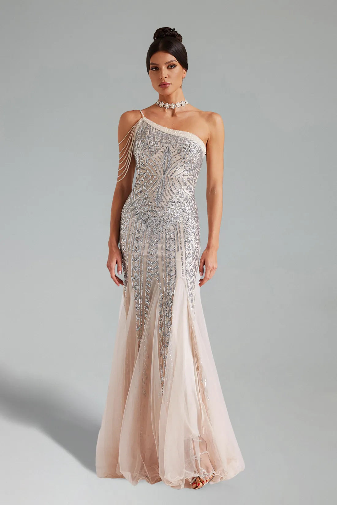 Elay Gold One-Shoulder Sequined Fishtail Dress