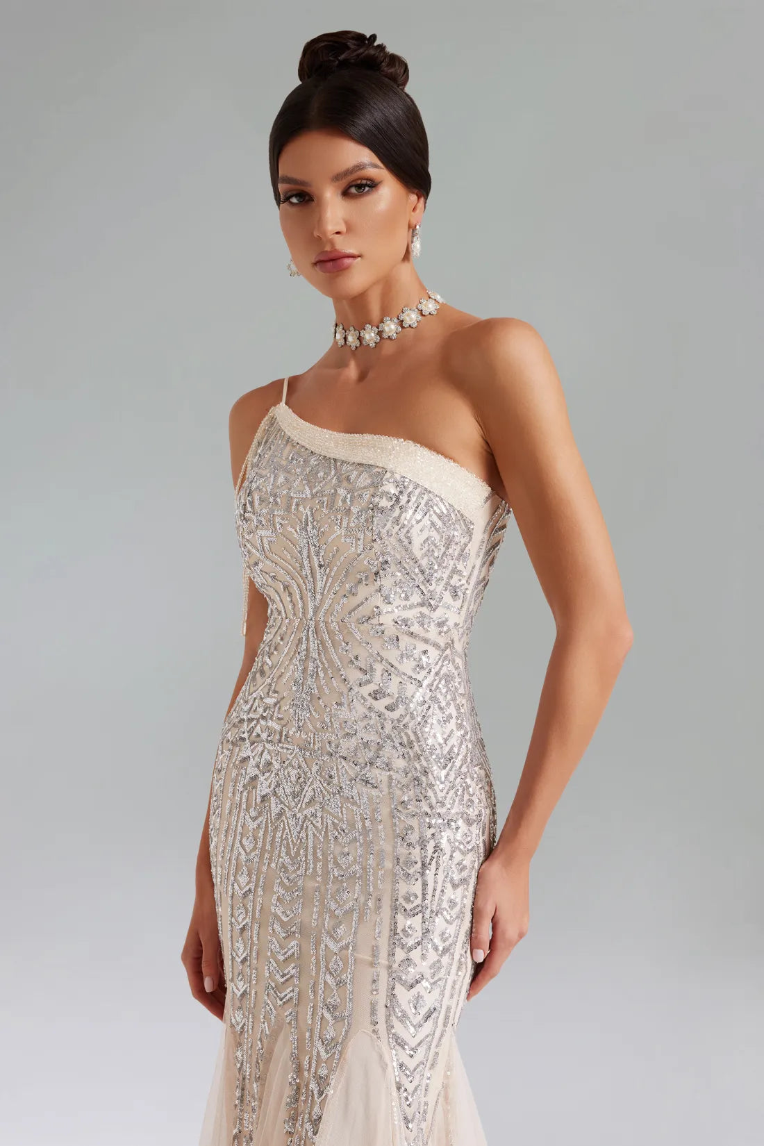 Elay Gold One-Shoulder Sequined Fishtail Dress