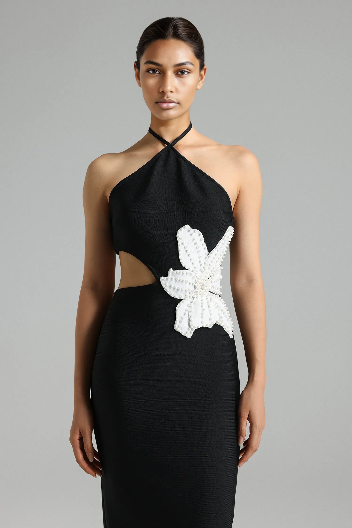 Clara Halterneck Flower Bandage Midi Dress