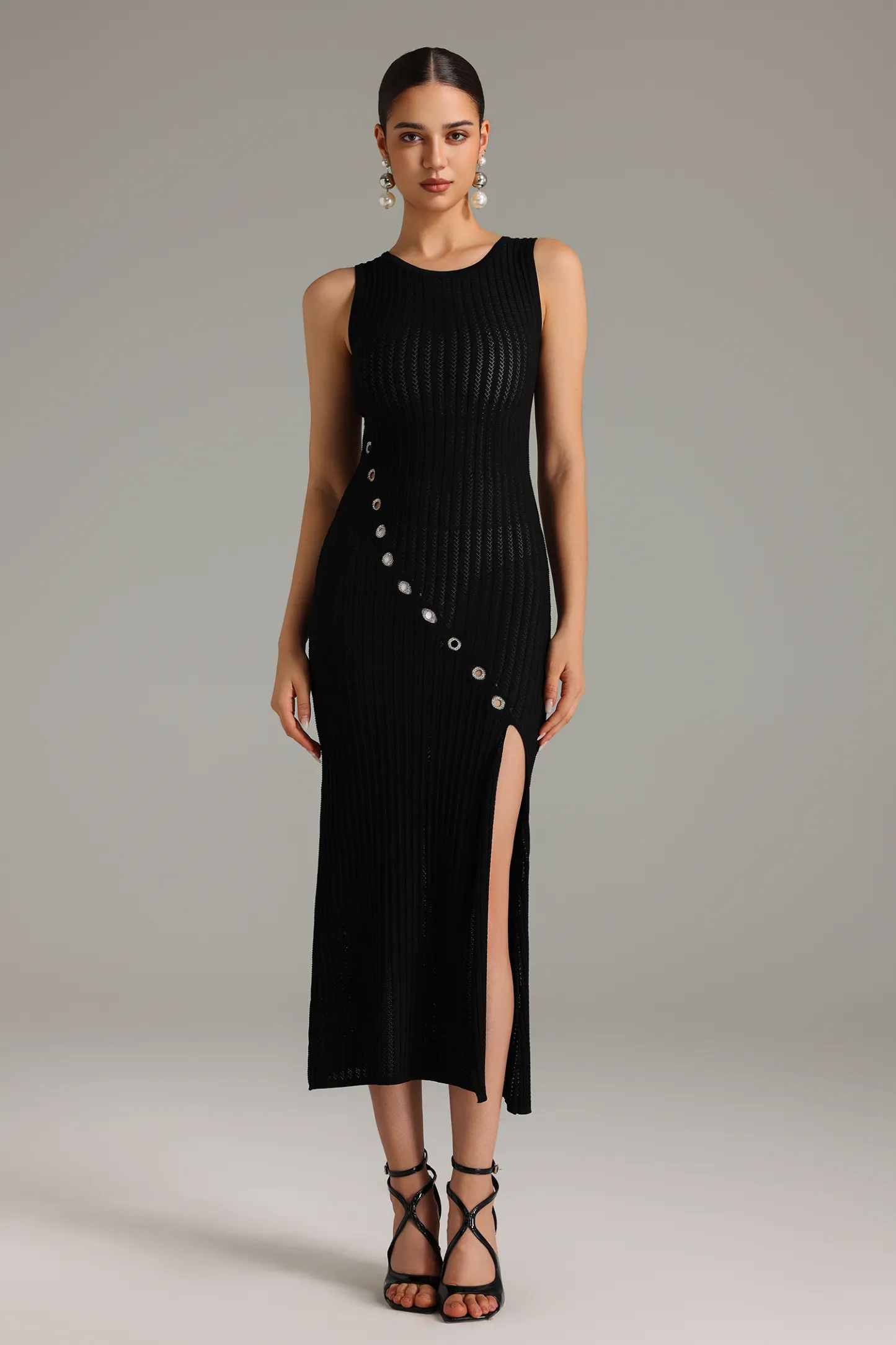 Yvan Side Slit Hollows Knitted Midi Dress