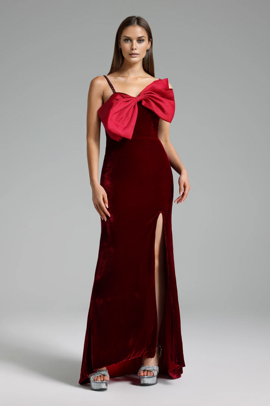 Nico Bowknot Side Slit Velvet Maxi Dress