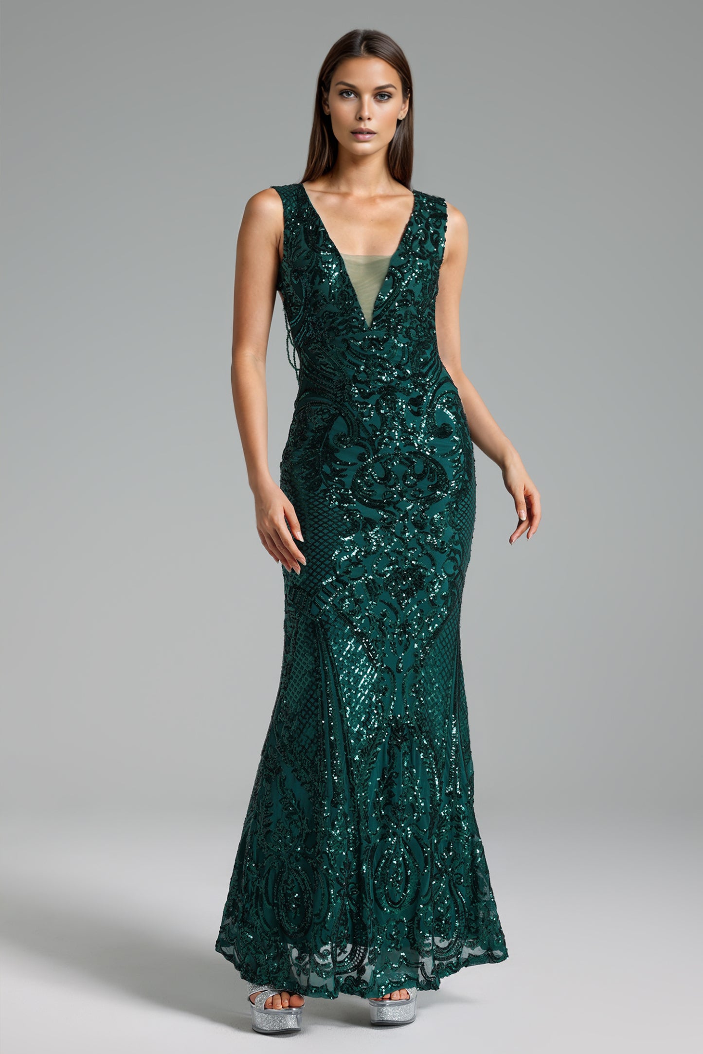 Peyton Deep-V Sequin Slim Maxi Dress