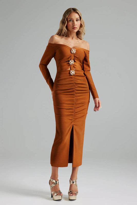 Eliana One Shoulder Long Sleeves Bandage Midi Dress