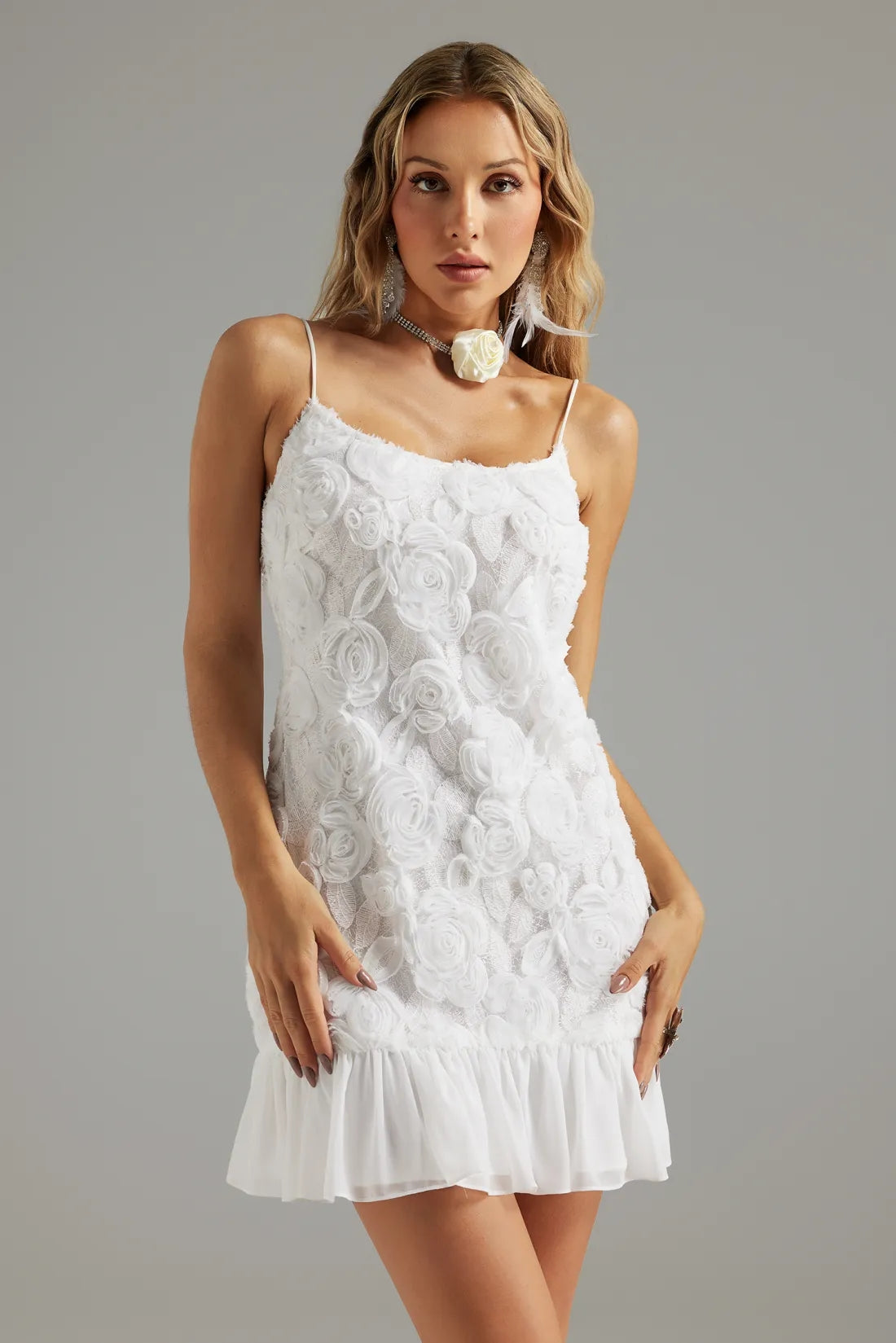 Susel Chiffon Flower Ruffled Mini Dress - White