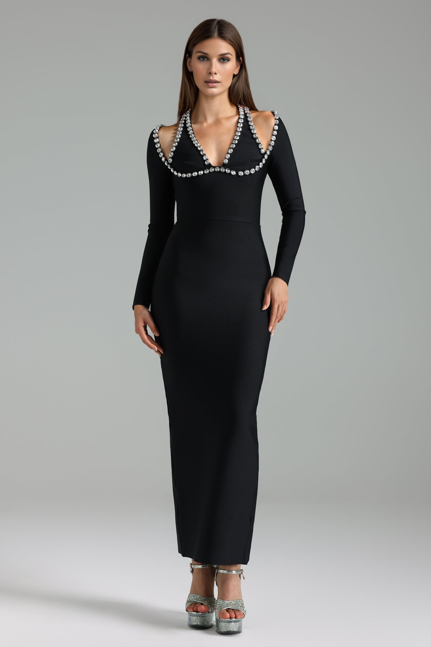 Falzer Deep-V Halter Diamond Long Sleeves Bandage Maxi Dress