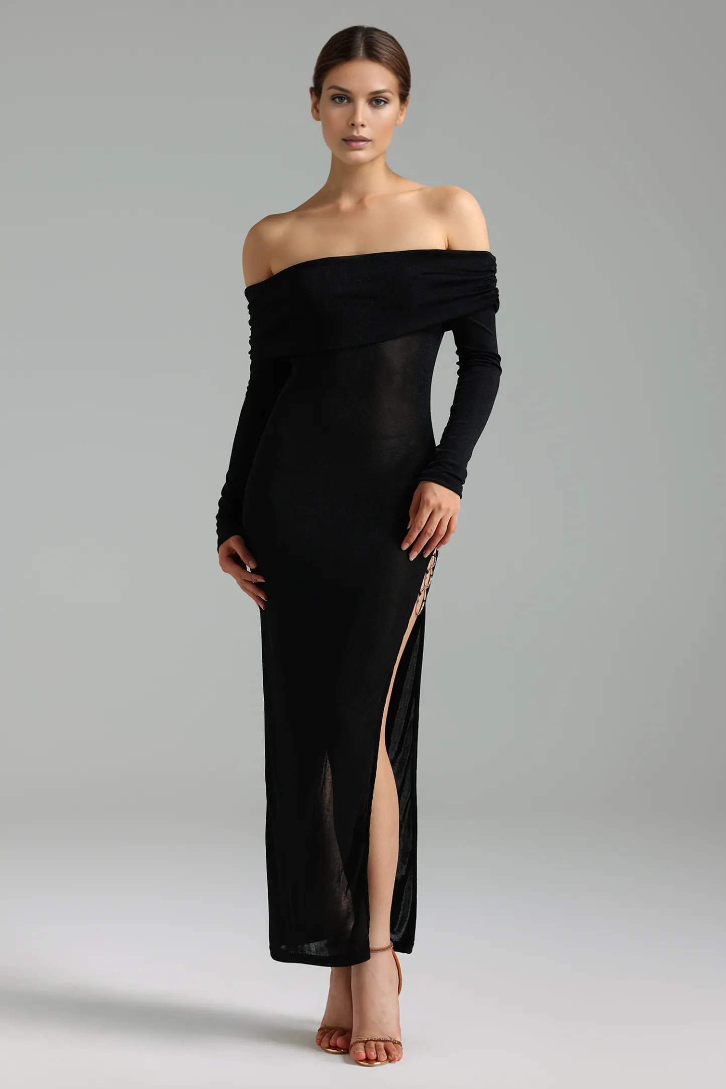 Fala Off Shoulder Long Sleeves Slit Maxi Dress