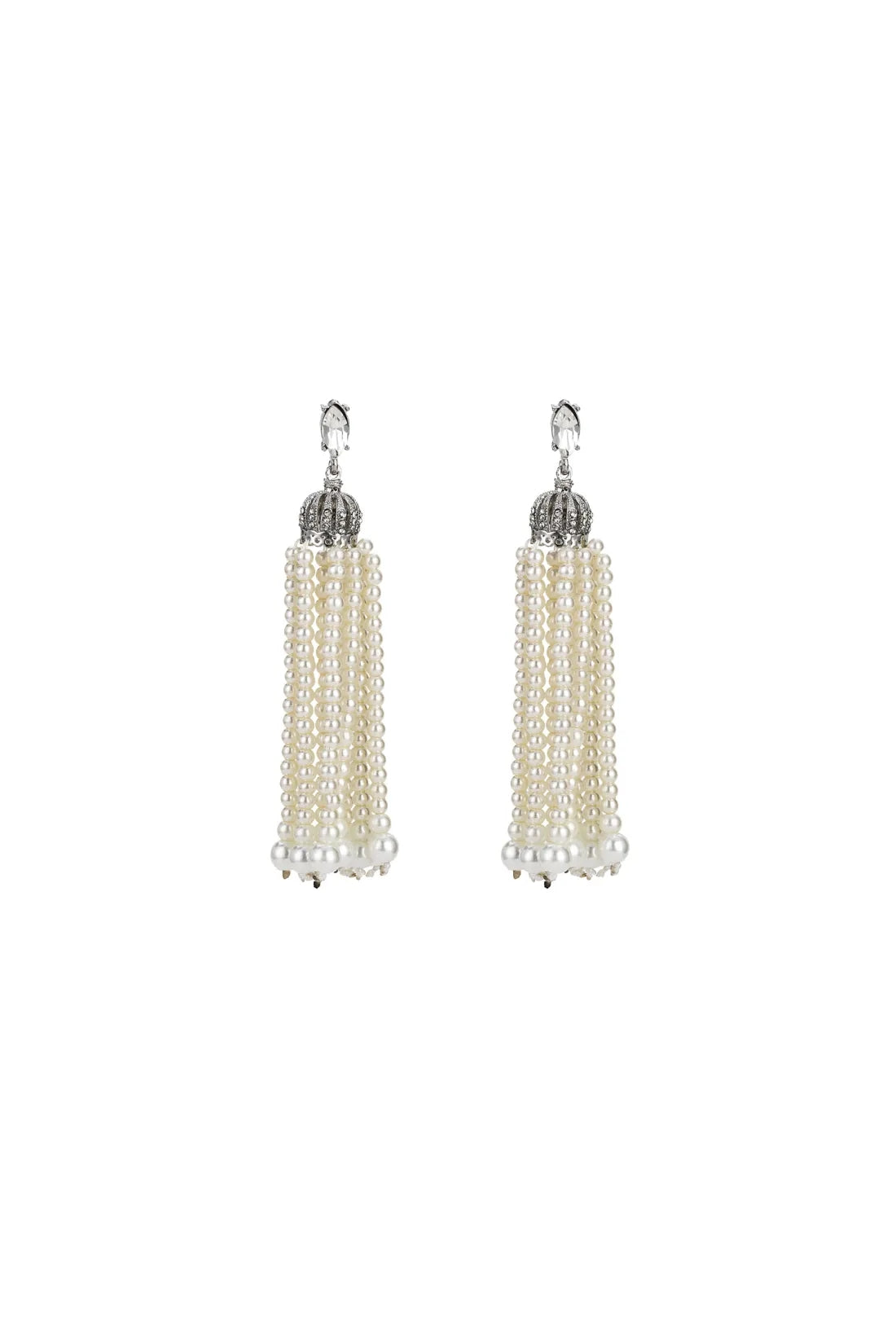 Silver Pearl Tassel Crown Earrings