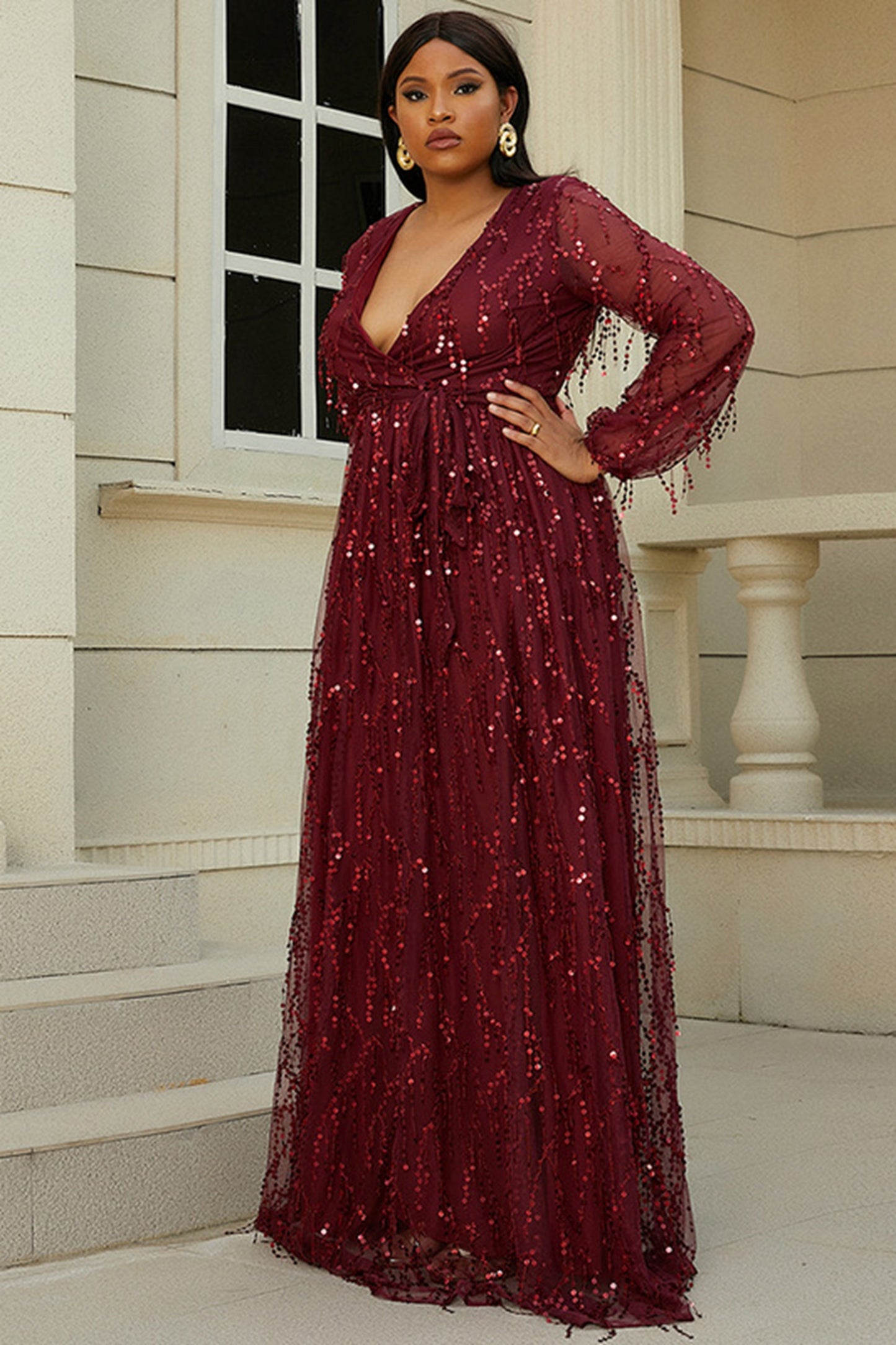 Burgundy Plunging Long Sleeve Plus Size Prom Dress Evening Gown