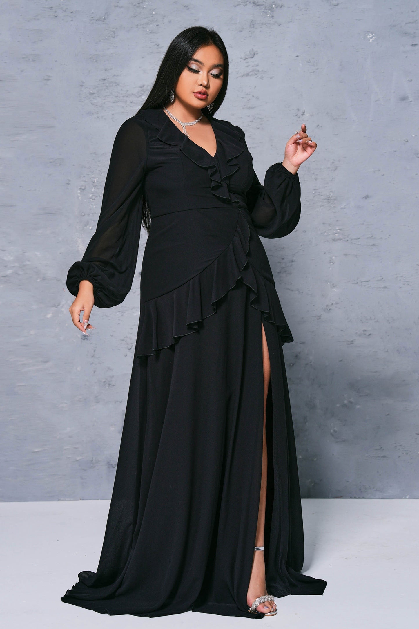 Plus V-neck Ruffled High Split Formal Dress