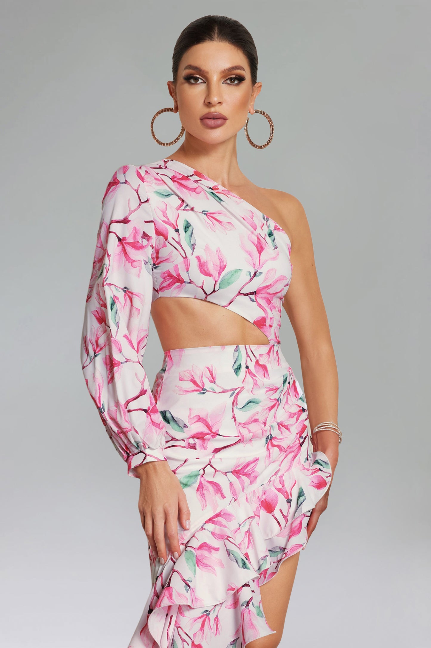 Raee Flower Print One Shoulder Asymmetrical Dress - Pink