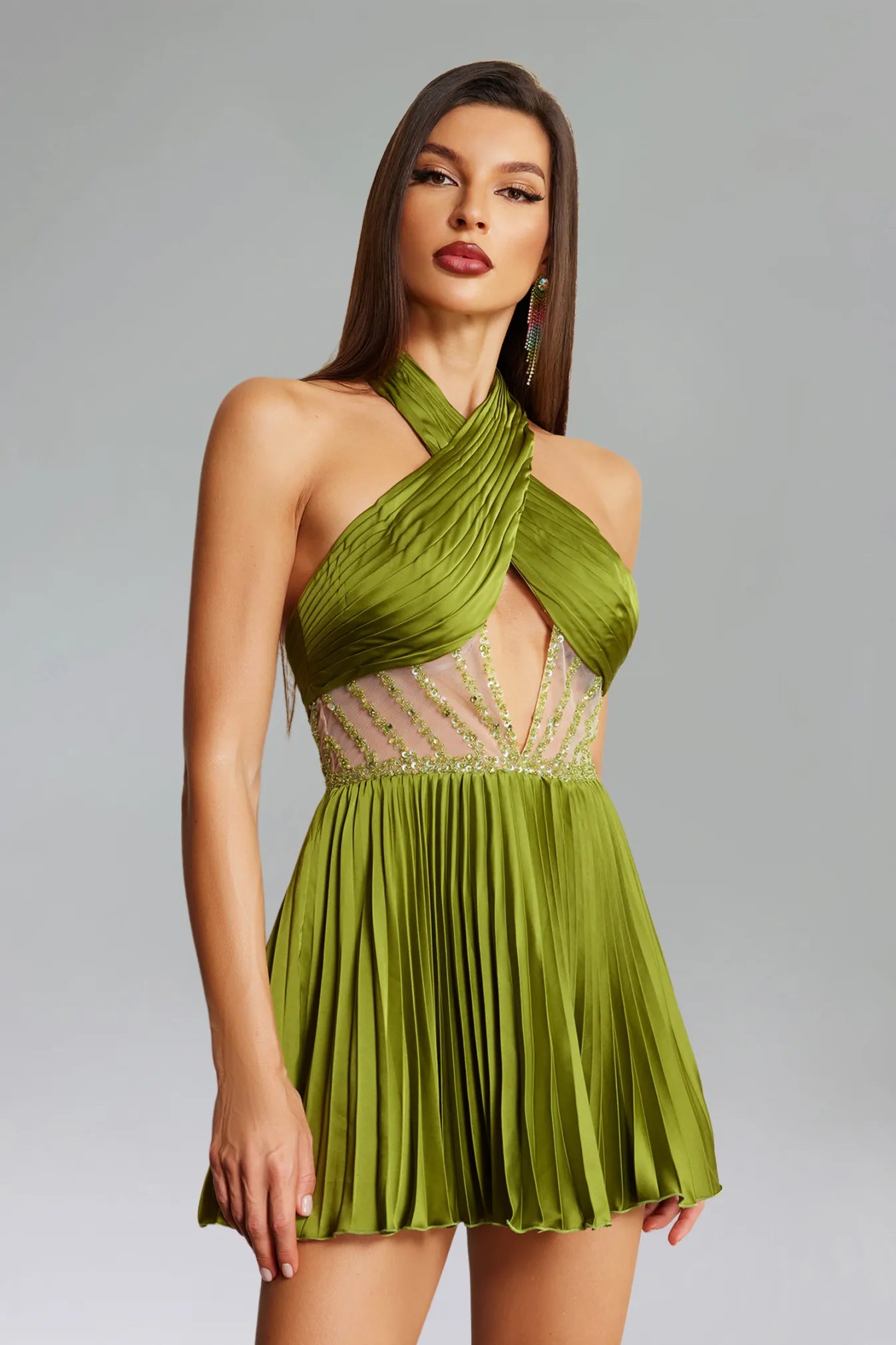 Jozie Cross Halter Sequins Cut Out Mini Dress - Green