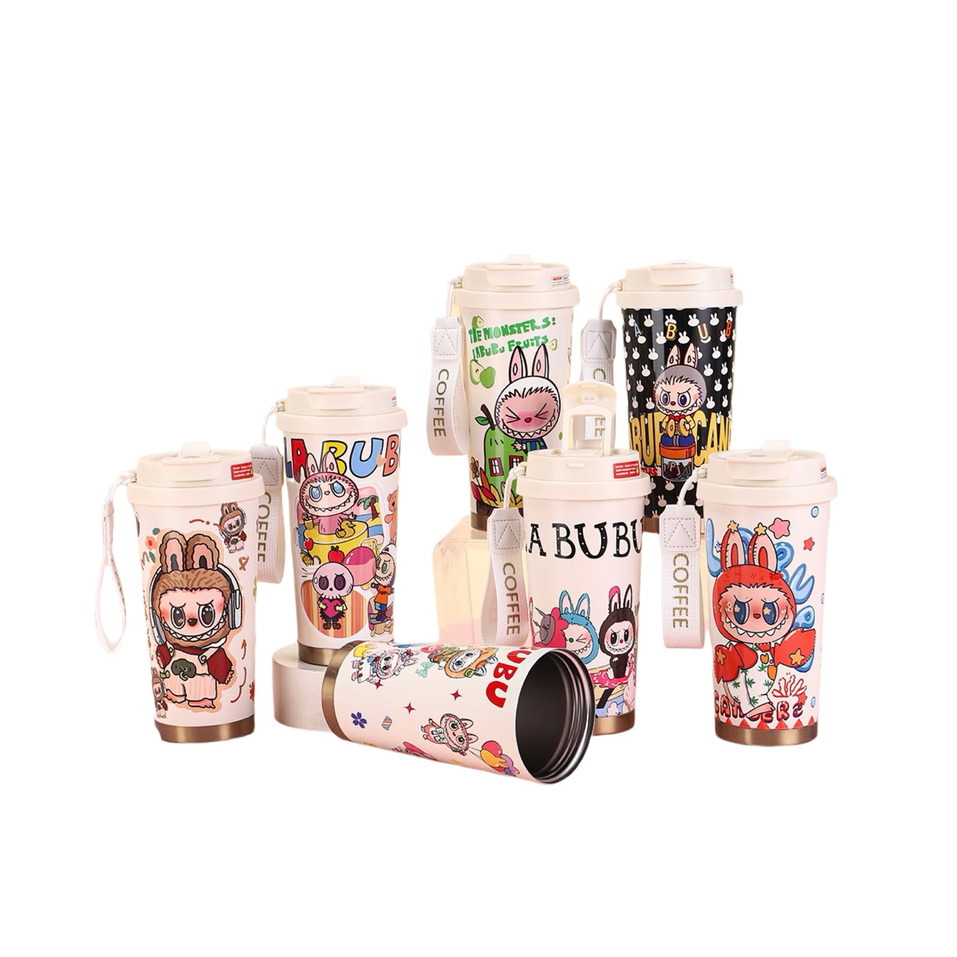 Full set of Labubu cartoon coffee tumblers in various colorful designs
