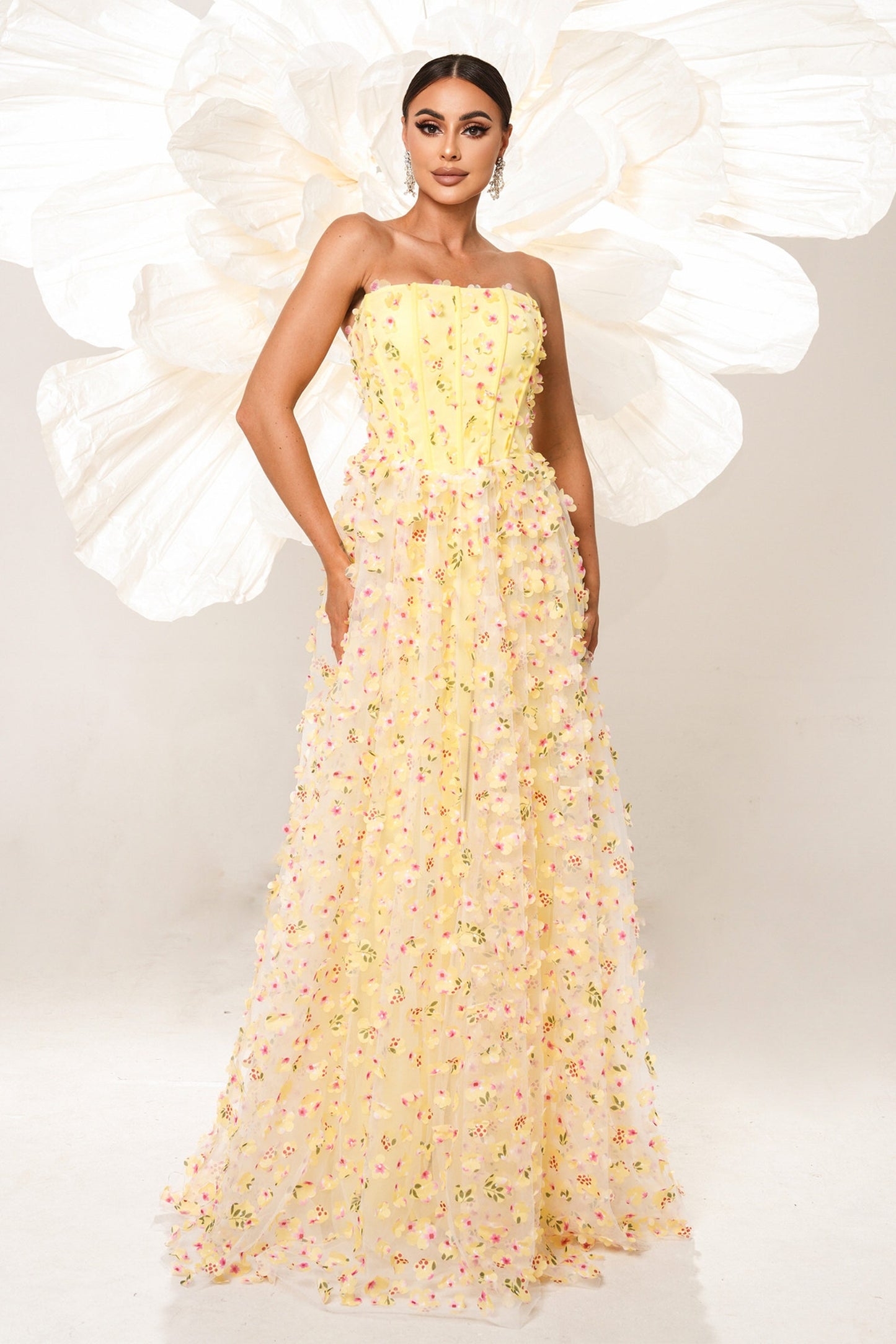 Yellow A Line Corset Strapless Long Tulle Prom Dress