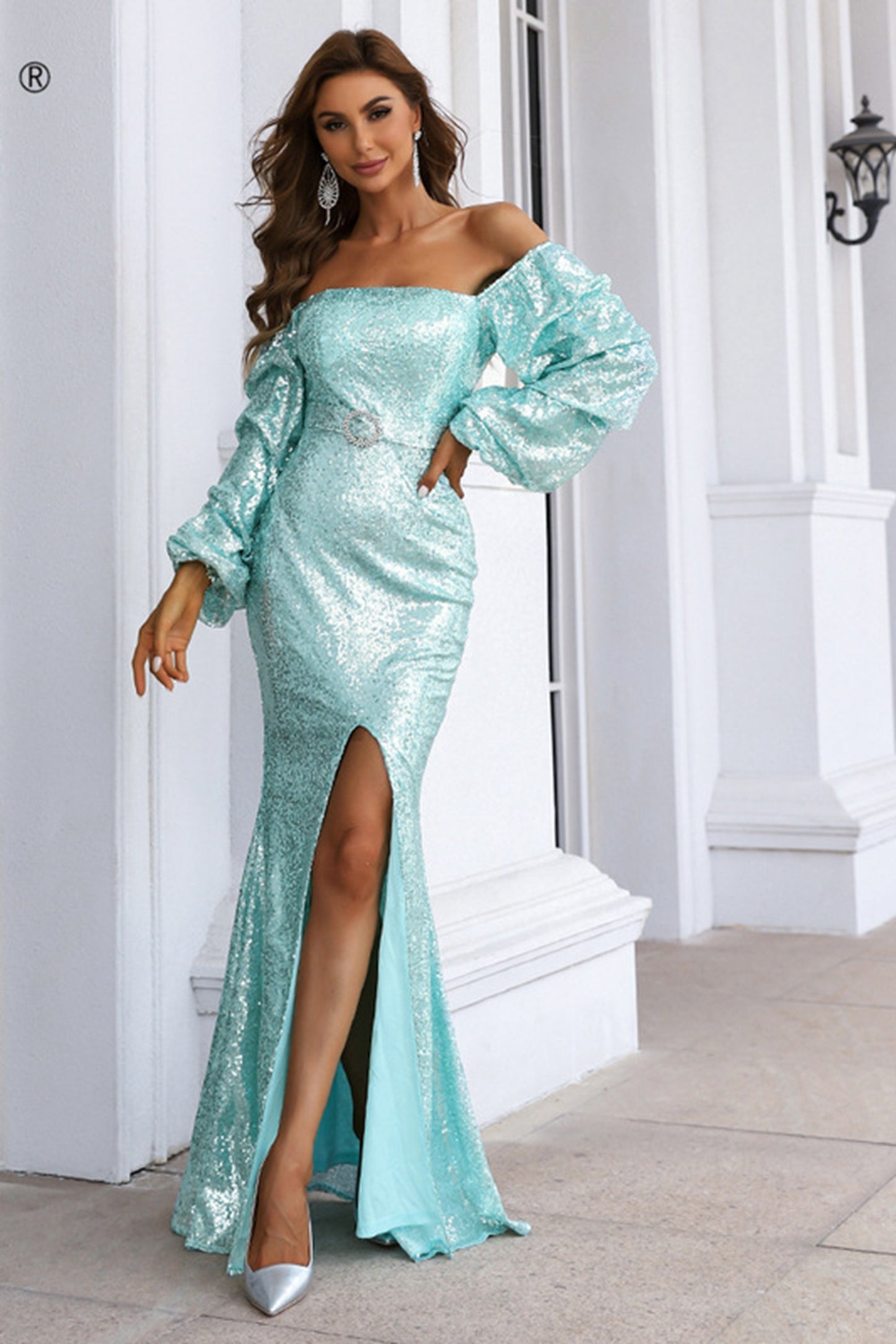 Green Sequins Long Sleeve Maxi Dress