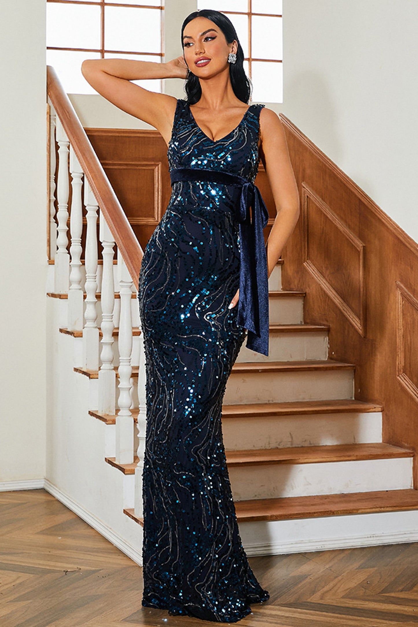 Blue Sequins V-neck Party Dress