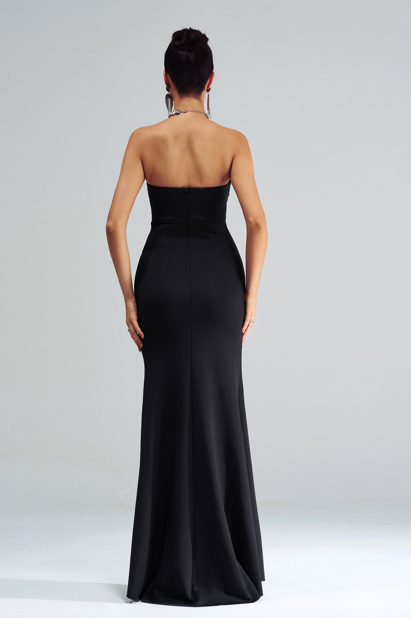 Black Mermaid Strapless Sequined Ruched Corset Long Formal Dress with Slit