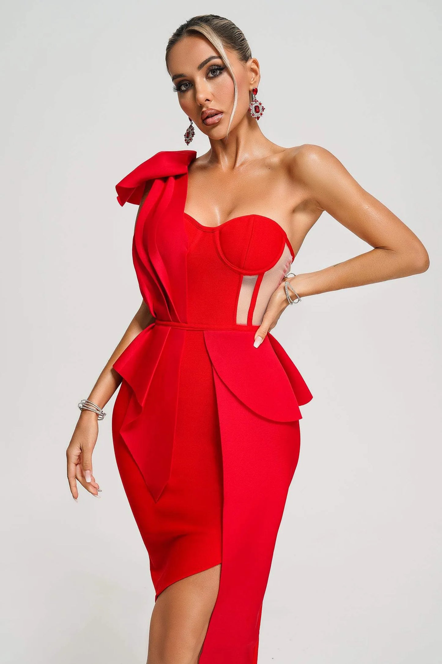 Spak One Shoulder Midi Dress - Red