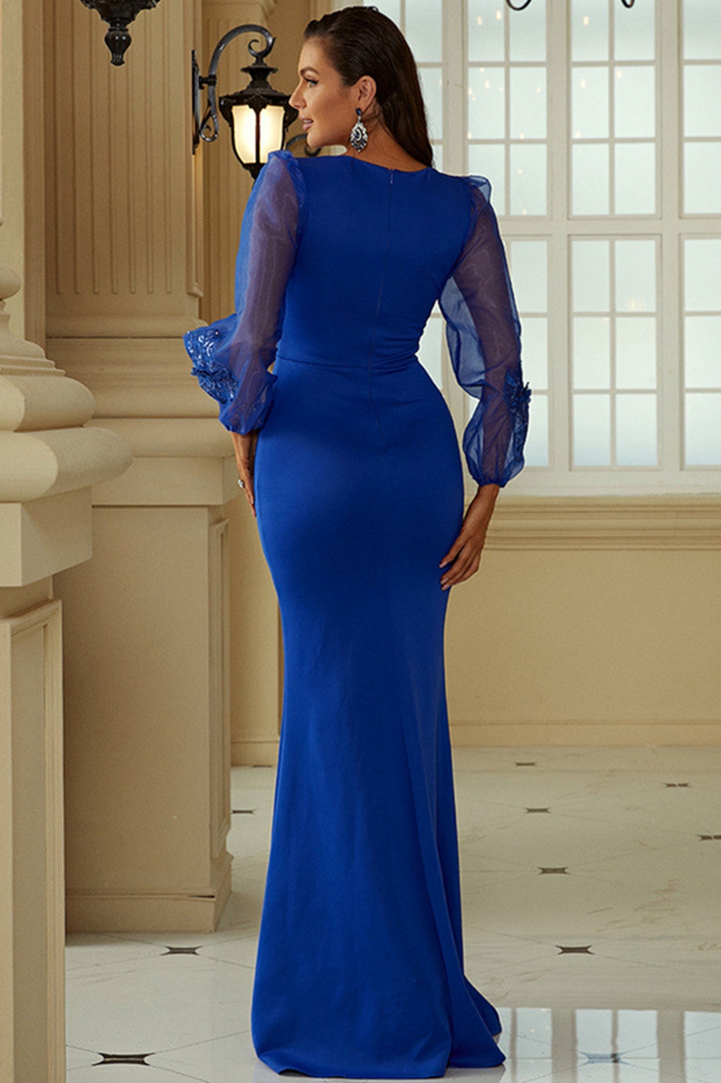 Royal Blue Queen Anne Long Sleeve Mermaid Formal Dress