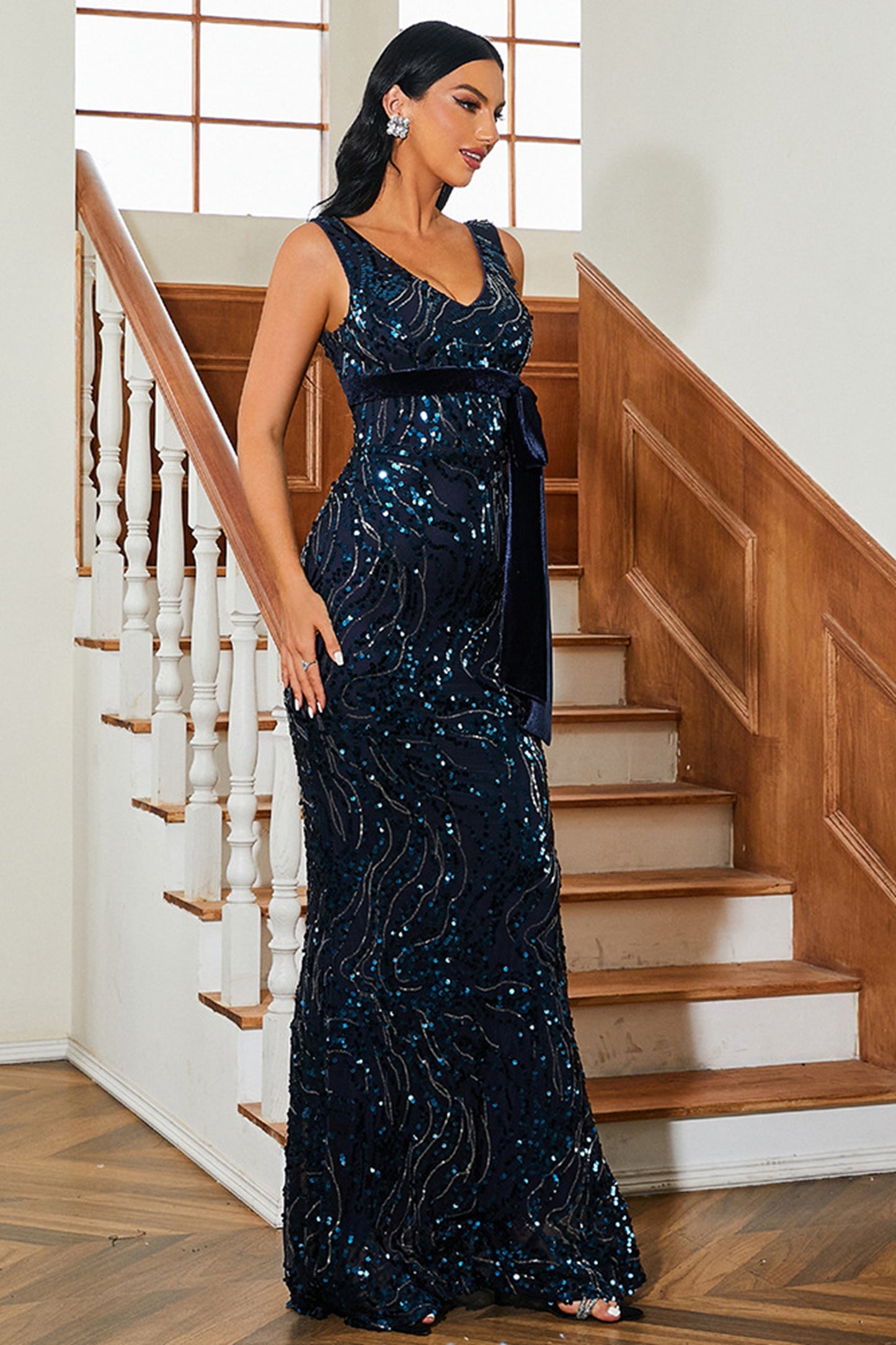 Blue Sequins V-neck Party Dress